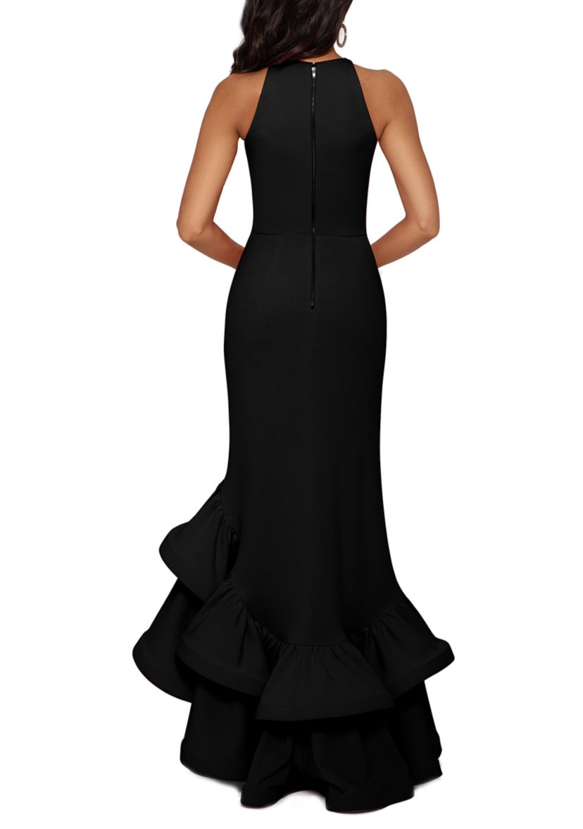 Womens Halter Neck Ruffle Tier Scuba Crepe Gown