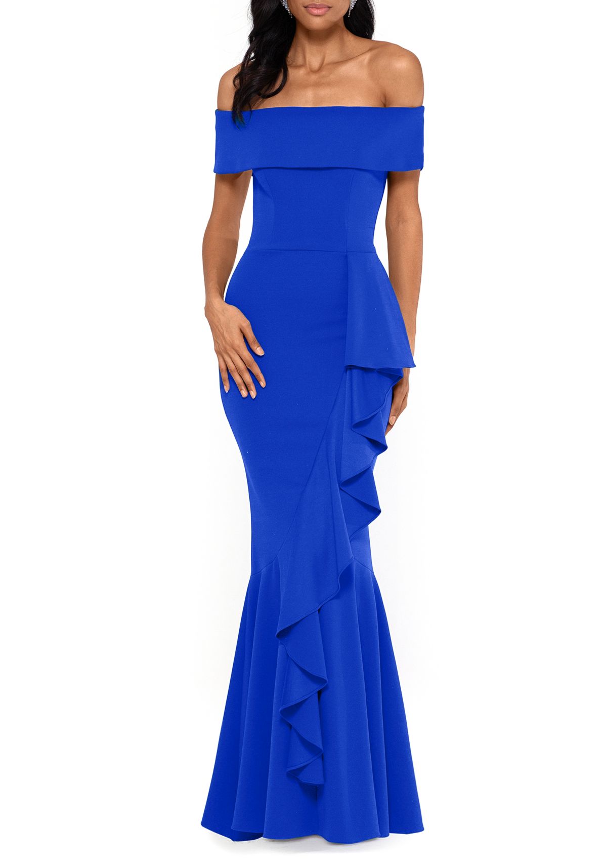 Womens Off the Shoulder Side Ruffle Gown