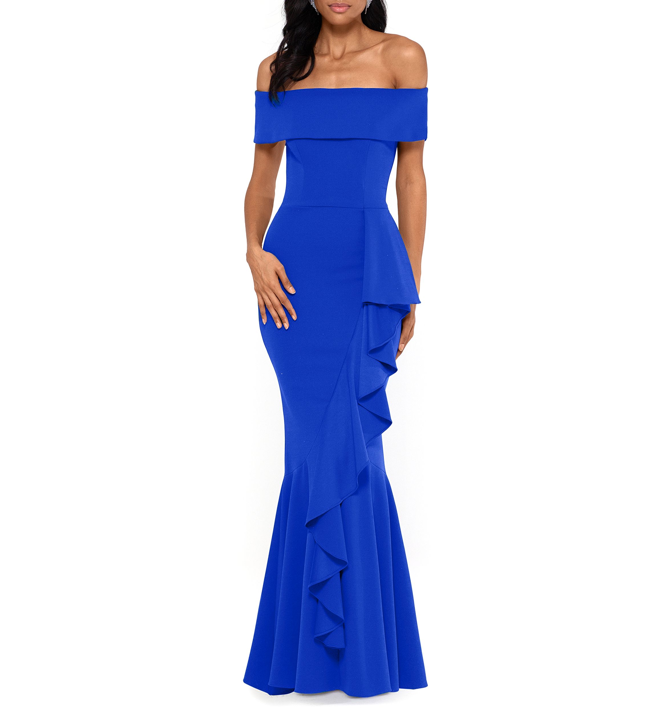Womens Off the Shoulder Side Ruffle Gown