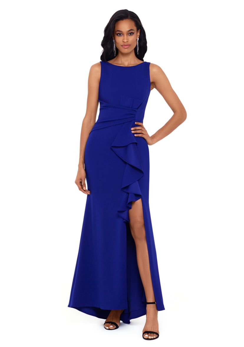 Womens Sleeveless Side Ruffle Gown