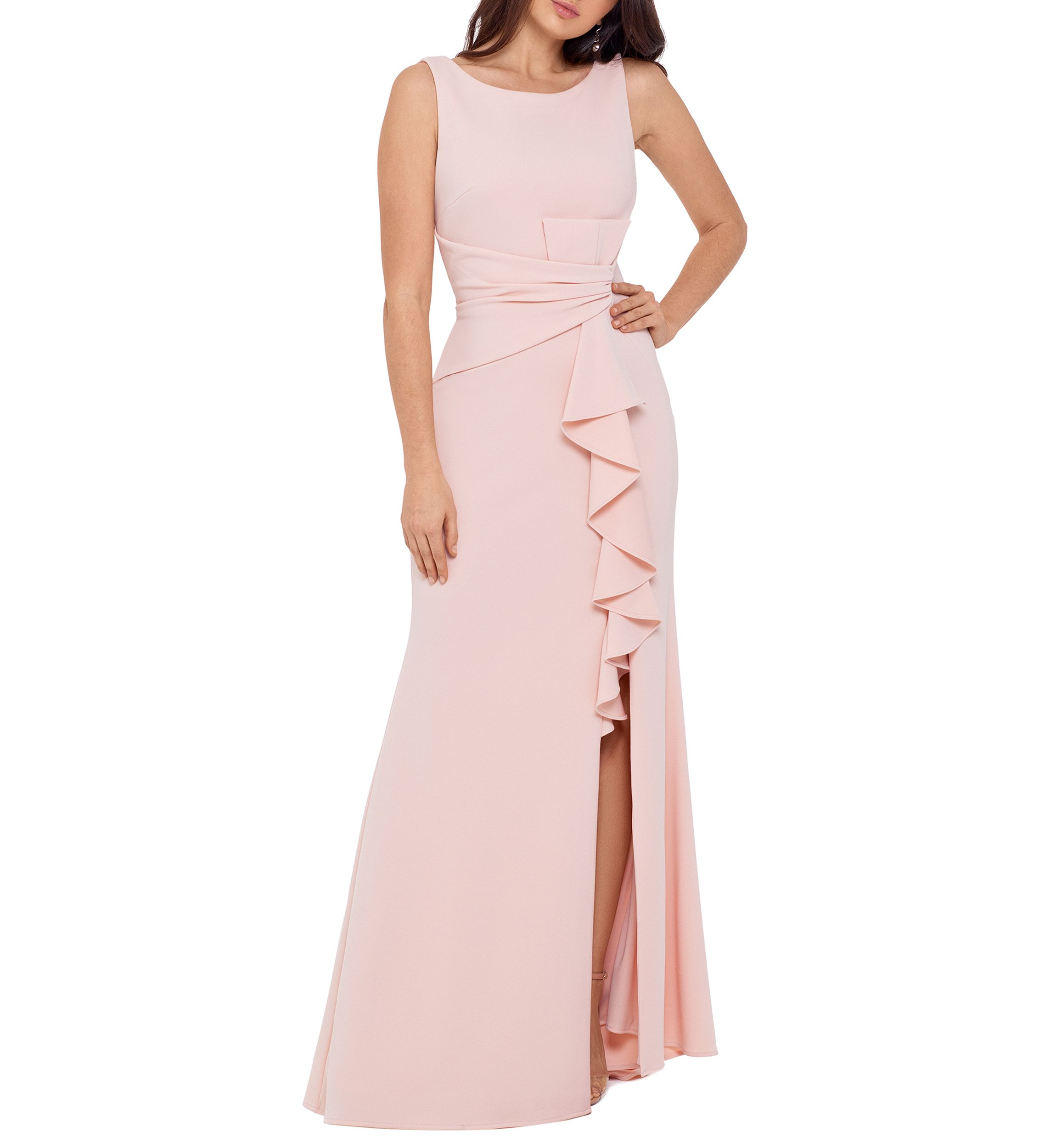 Womens Sleeveless Side Ruffle Gown