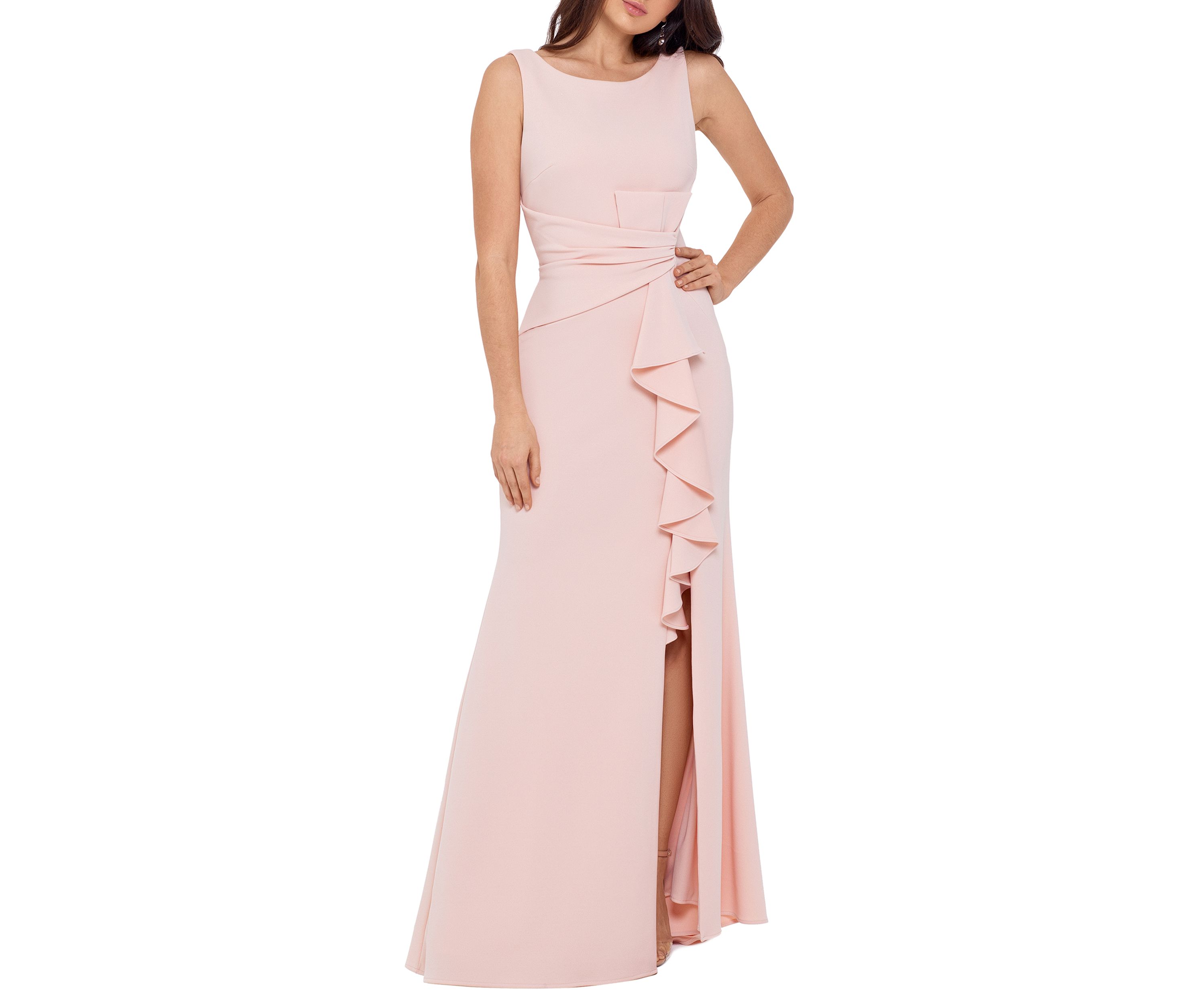 Womens Sleeveless Side Ruffle Gown