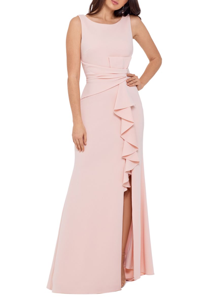 Womens Sleeveless Side Ruffle Gown