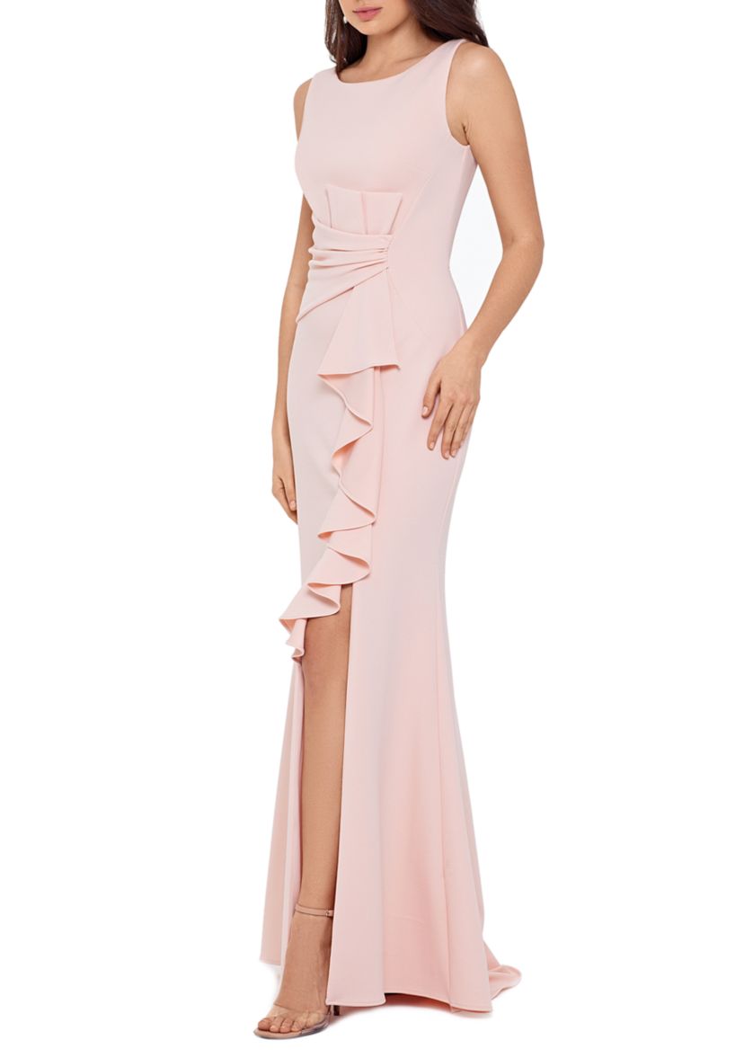 Womens Sleeveless Side Ruffle Gown
