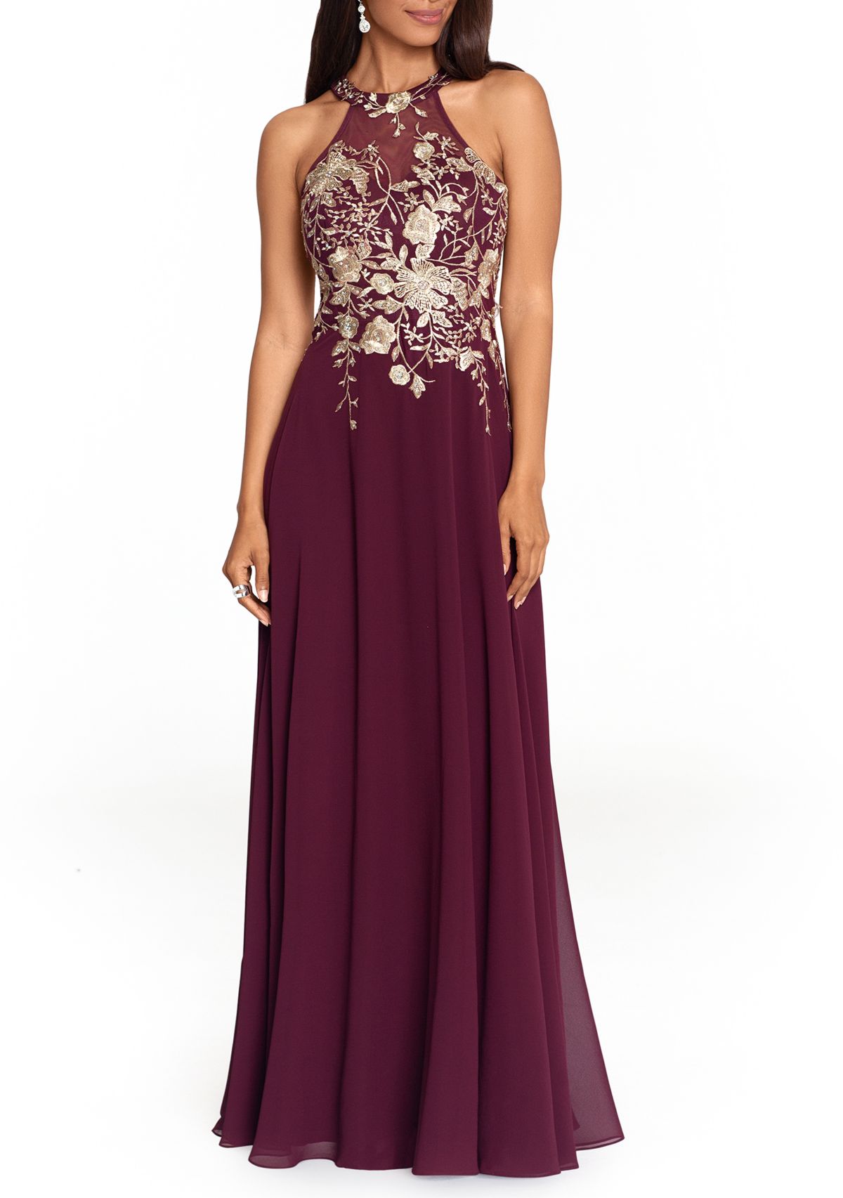 Womens Embroidered Halter Gown 