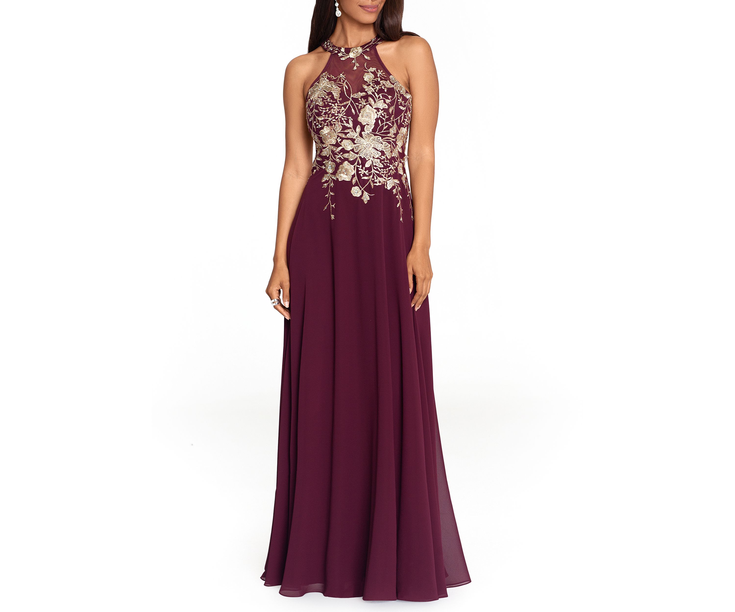 Womens Embroidered Halter Gown 