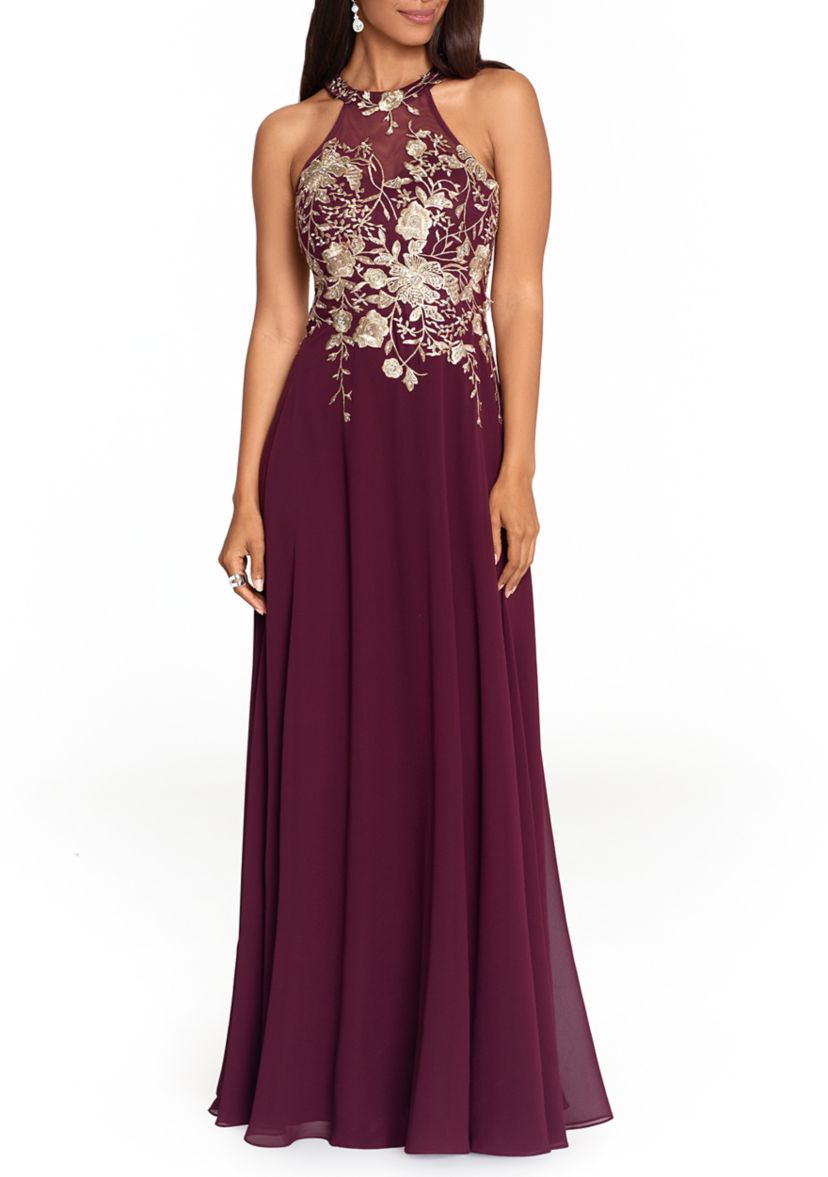 Womens Embroidered Halter Gown 
