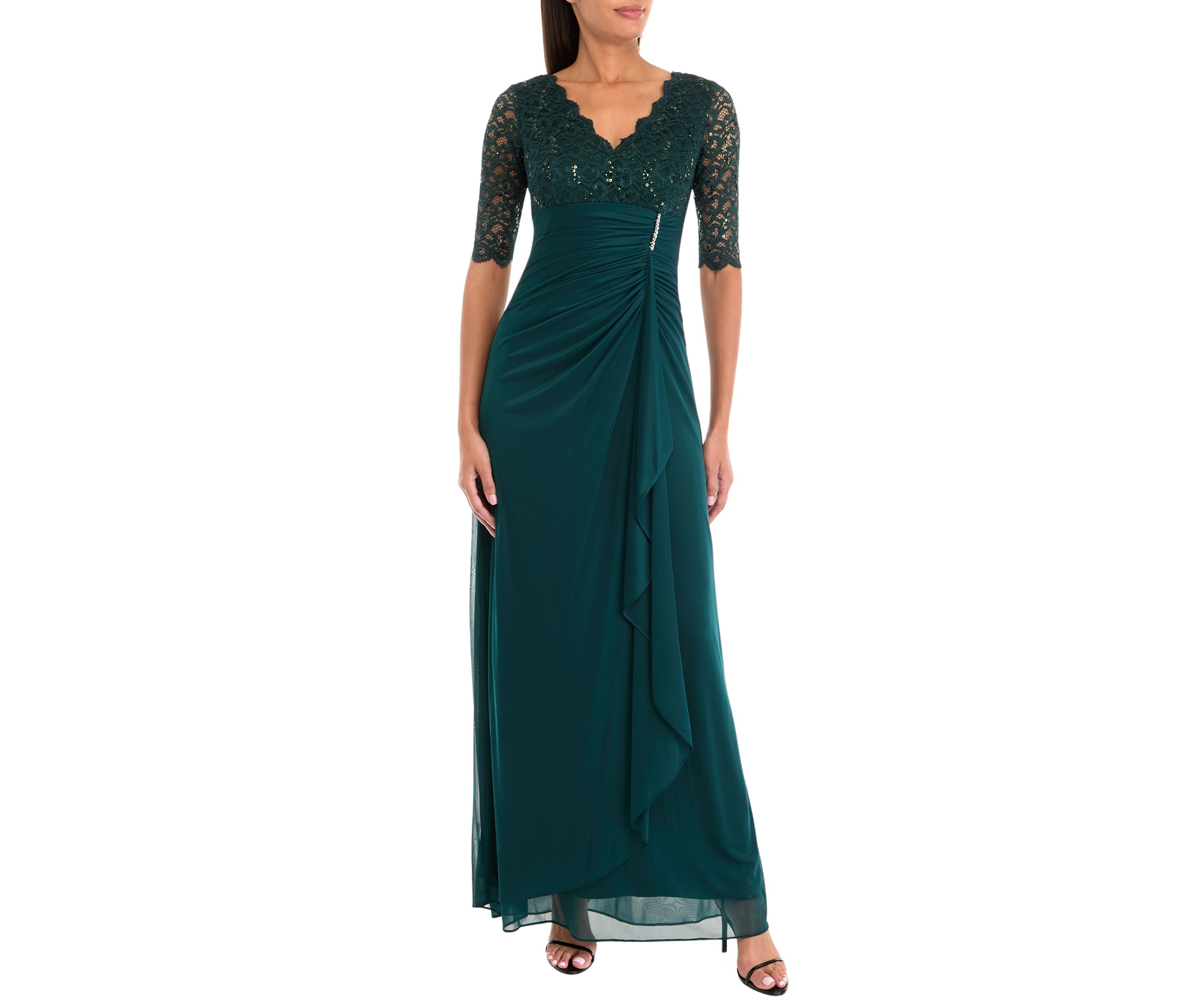 Womens Elbow Sleeve V-Neck Glitter Ruched Gown