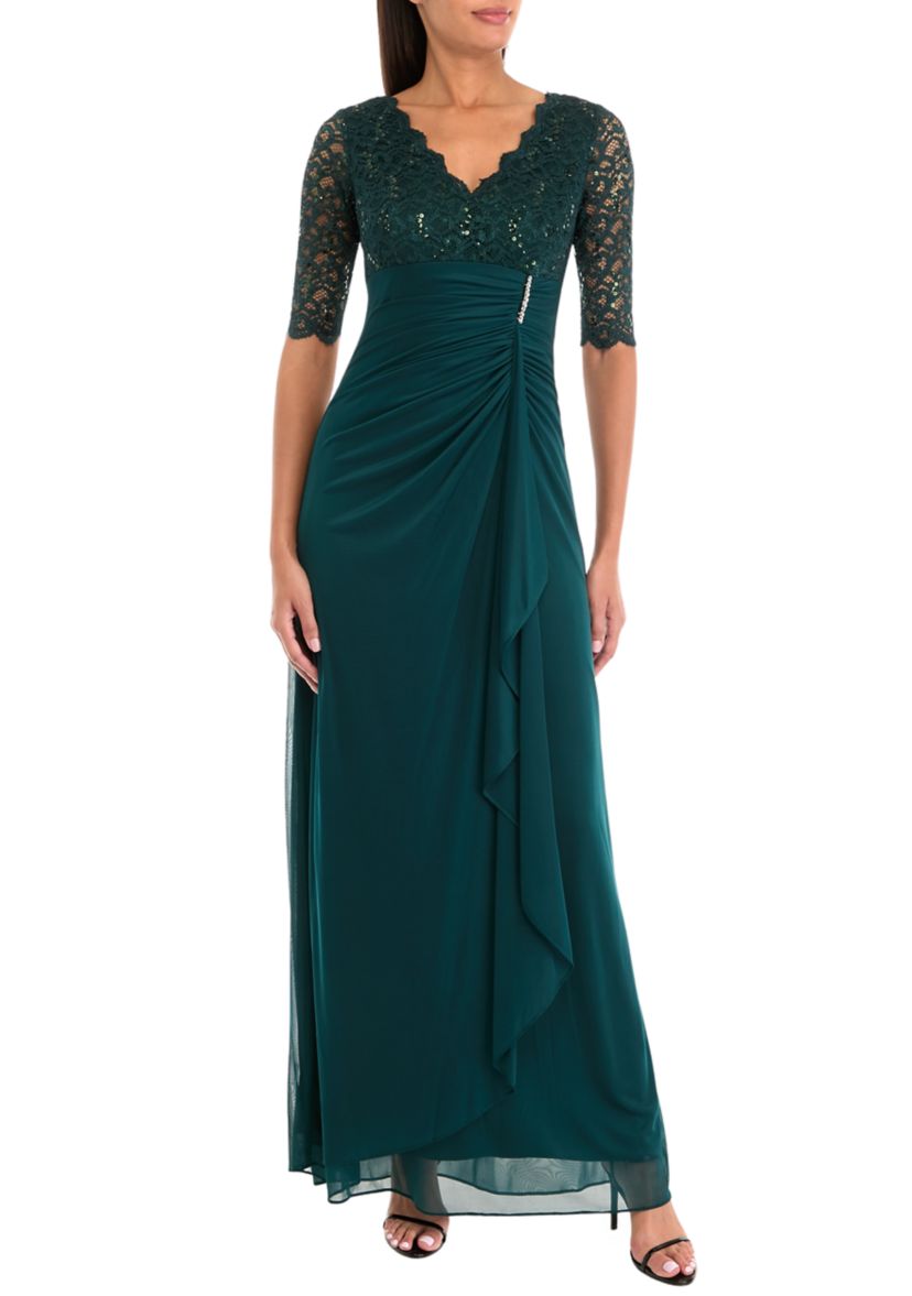 Womens Elbow Sleeve V-Neck Glitter Ruched Gown