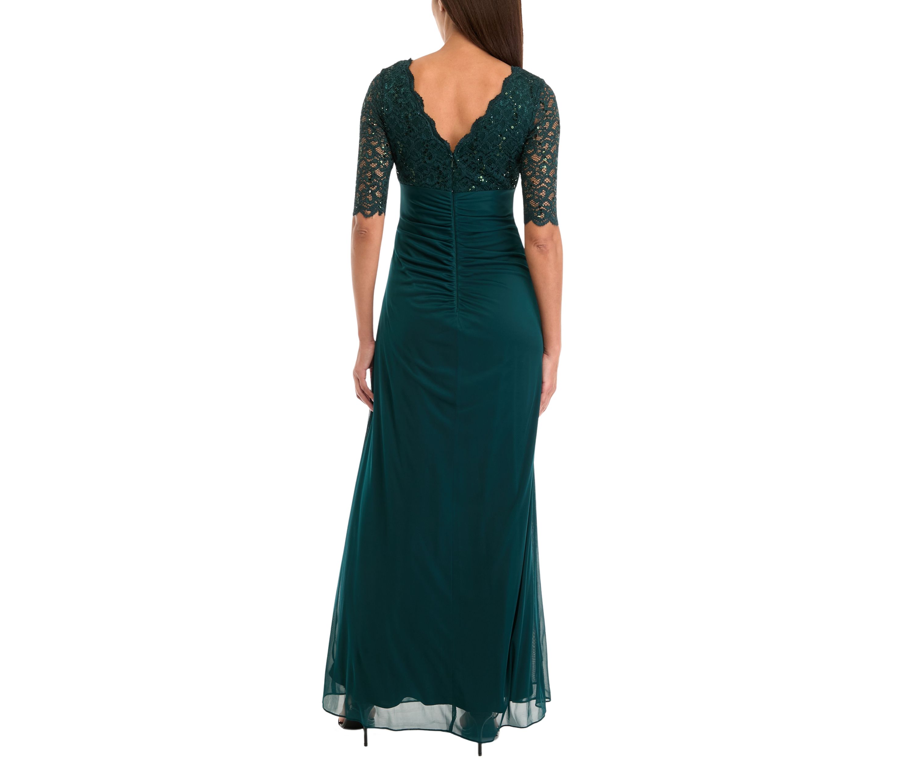 Womens Elbow Sleeve V-Neck Glitter Ruched Gown