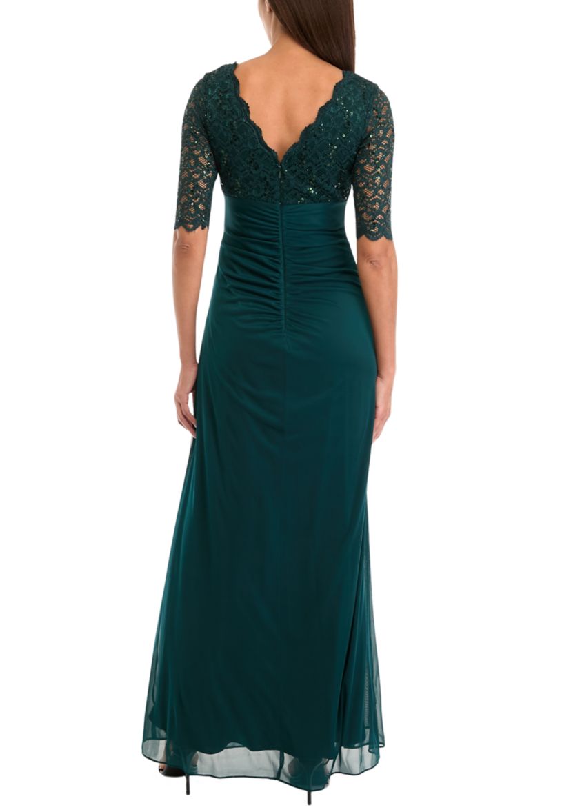Womens Elbow Sleeve V-Neck Glitter Ruched Gown