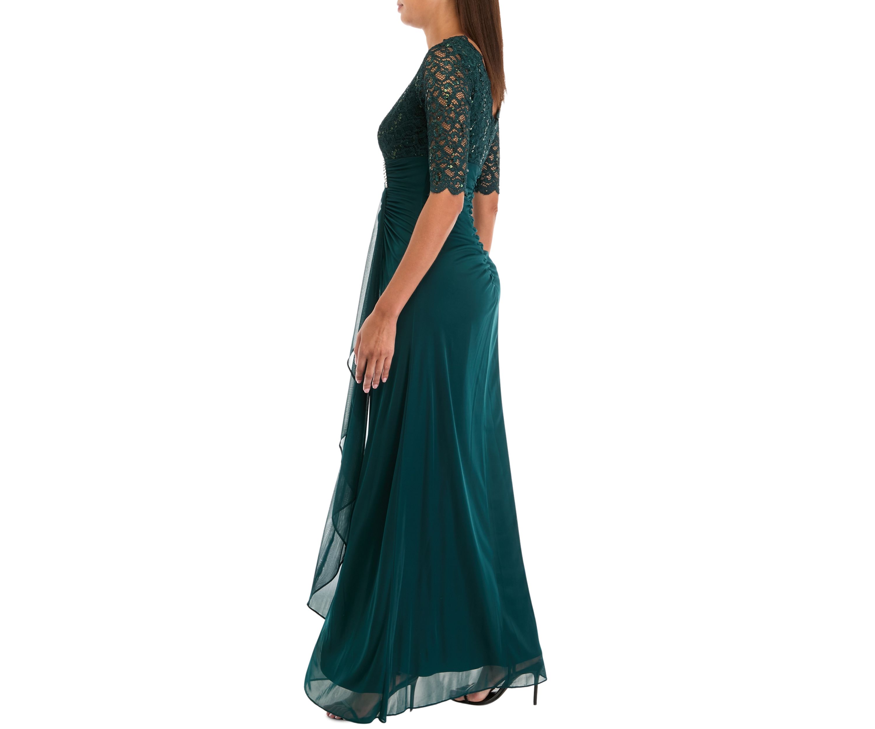 Womens Elbow Sleeve V-Neck Glitter Ruched Gown
