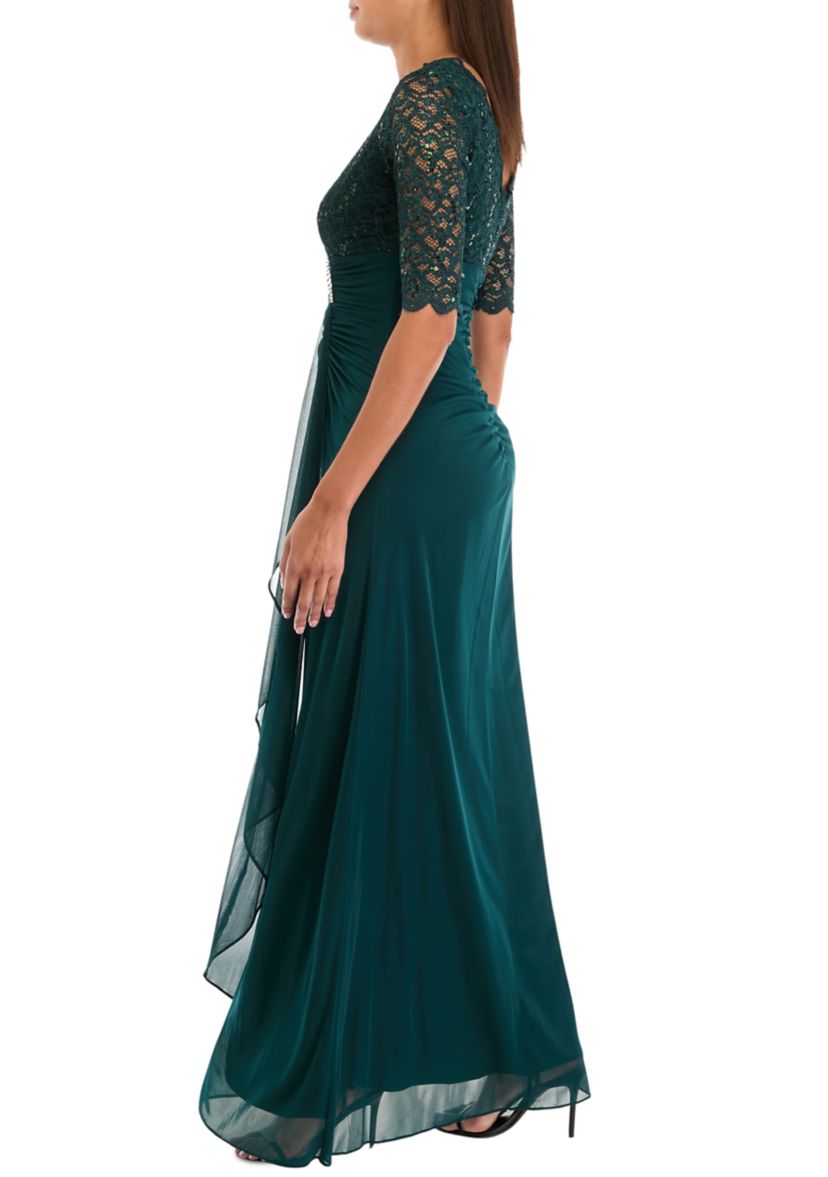 Womens Elbow Sleeve V-Neck Glitter Ruched Gown