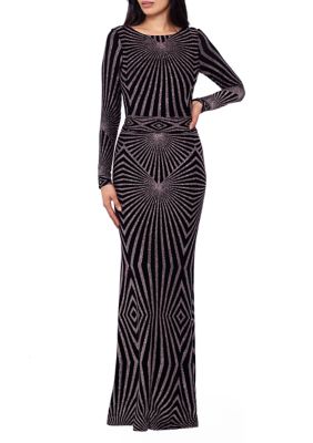 Betsy & Adam Women's Long Sleeve Boat Neck Abstract Print Gown