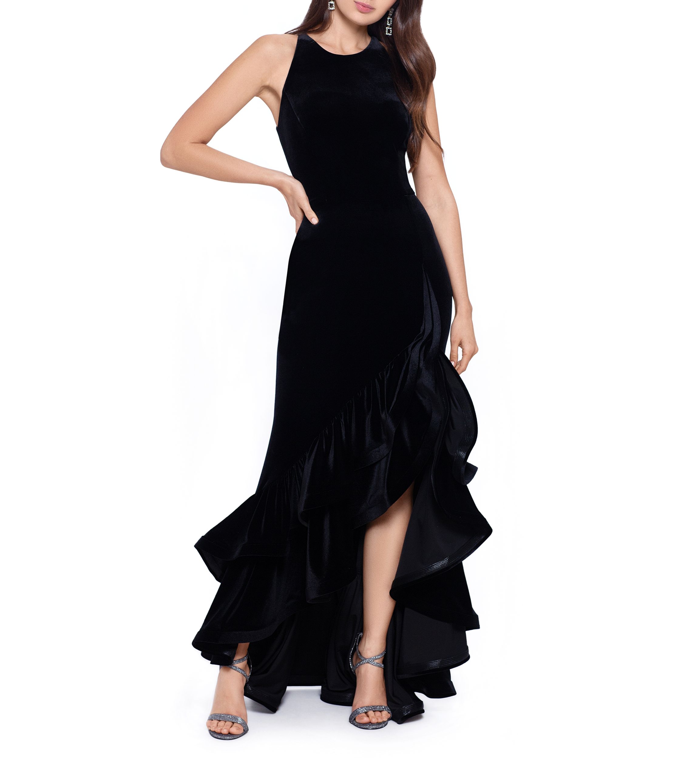 Womens Sleeveless Halter Neck Velvet Solid Long Gown
