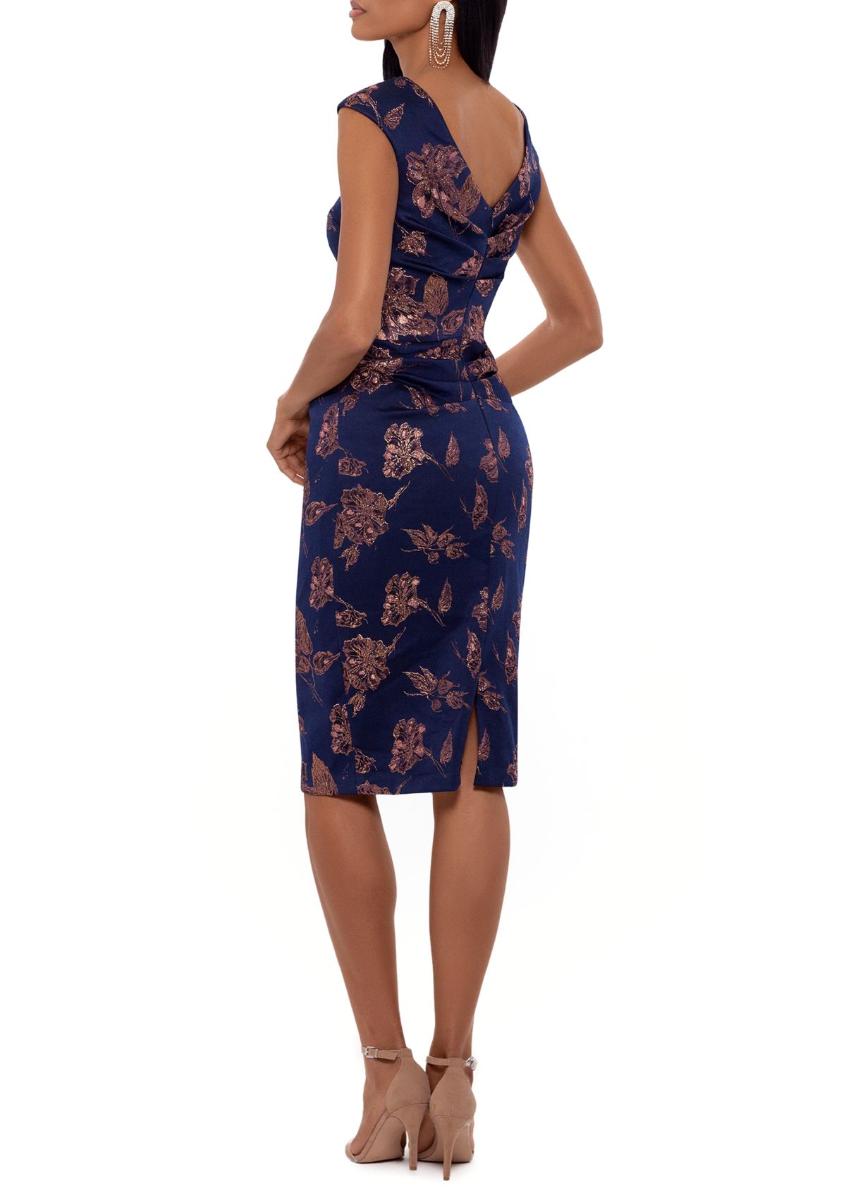Womens Cap Sleeve Metallic Floral Sheath Dress