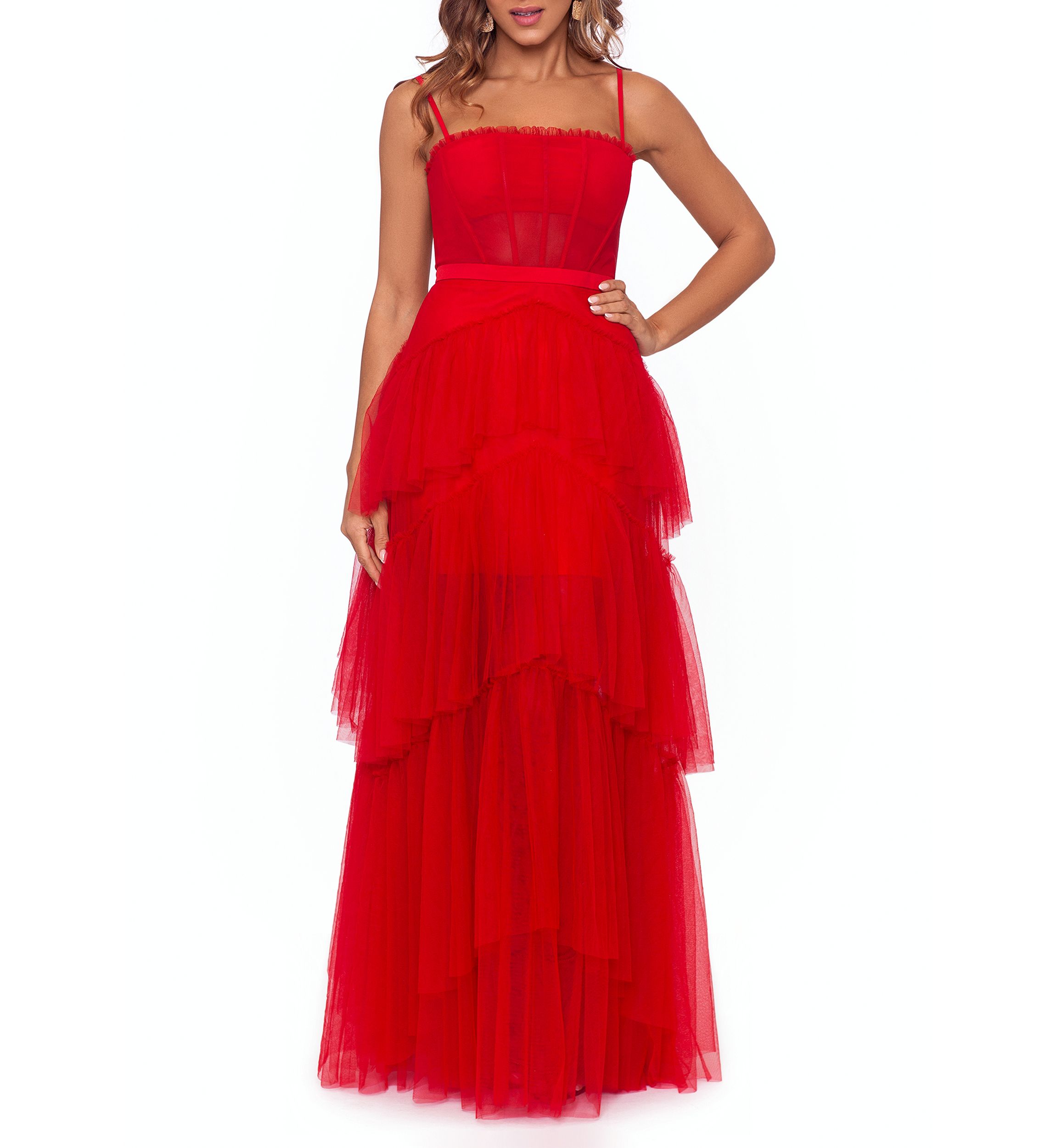 Womens Sleeveless Corset Chiffon Layer Trim Solid Gown