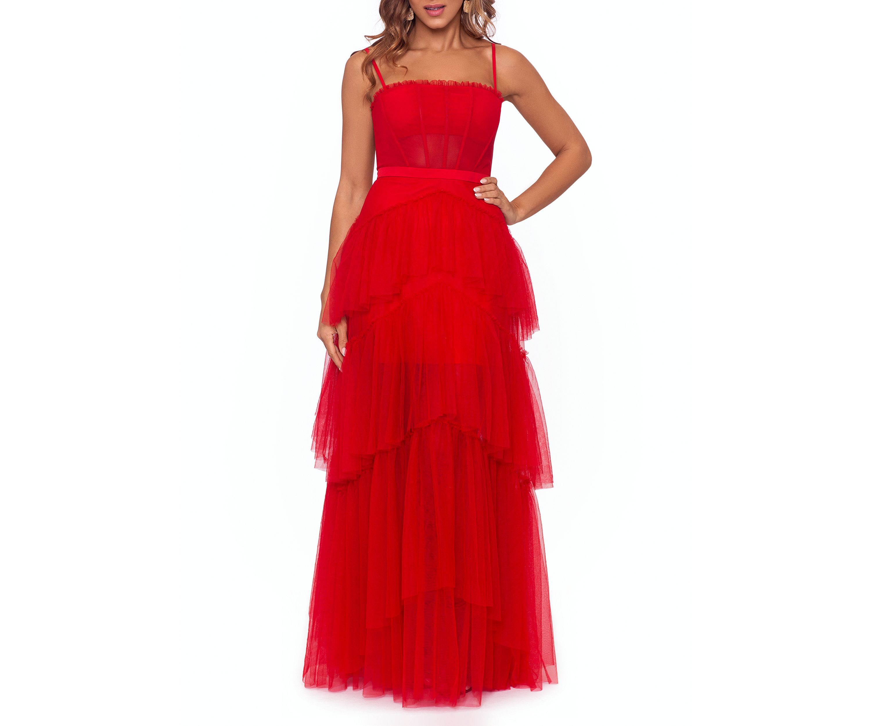 Womens Sleeveless Corset Chiffon Layer Trim Solid Gown