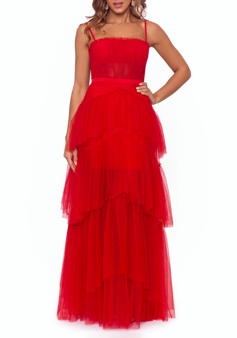 Womens Sleeveless Corset Chiffon Layer Trim Solid Gown