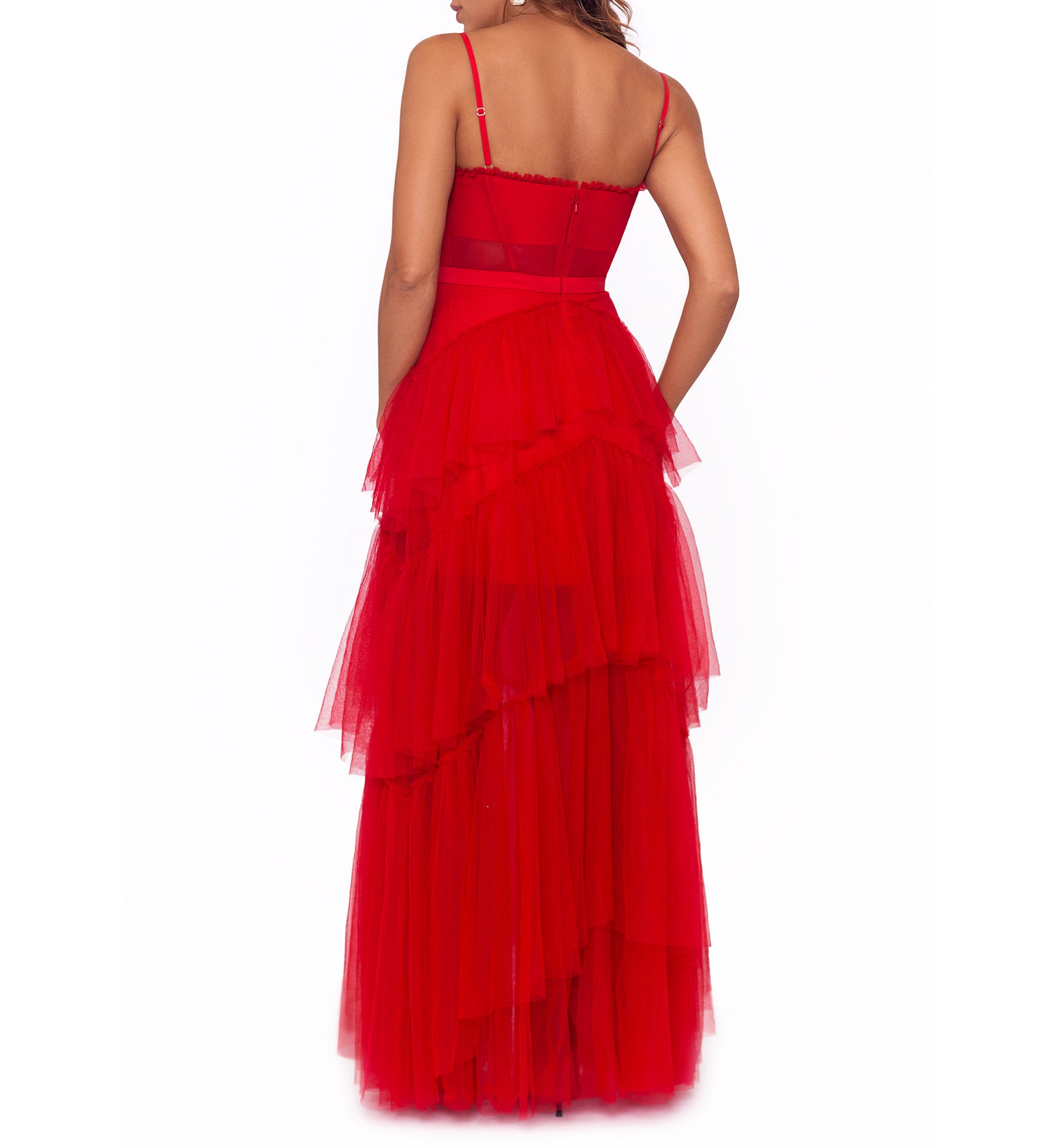 Womens Sleeveless Corset Chiffon Layer Trim Solid Gown