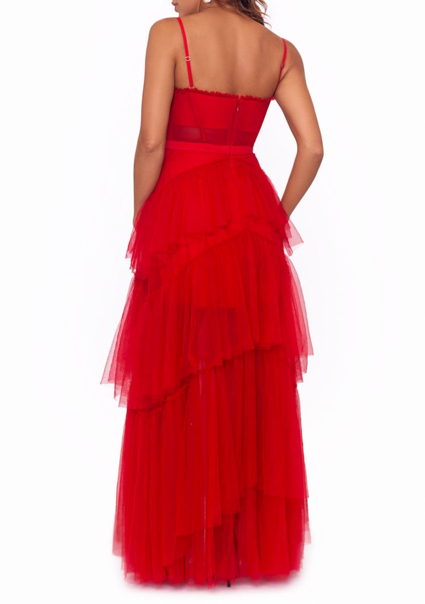 Womens Sleeveless Corset Chiffon Layer Trim Solid Gown