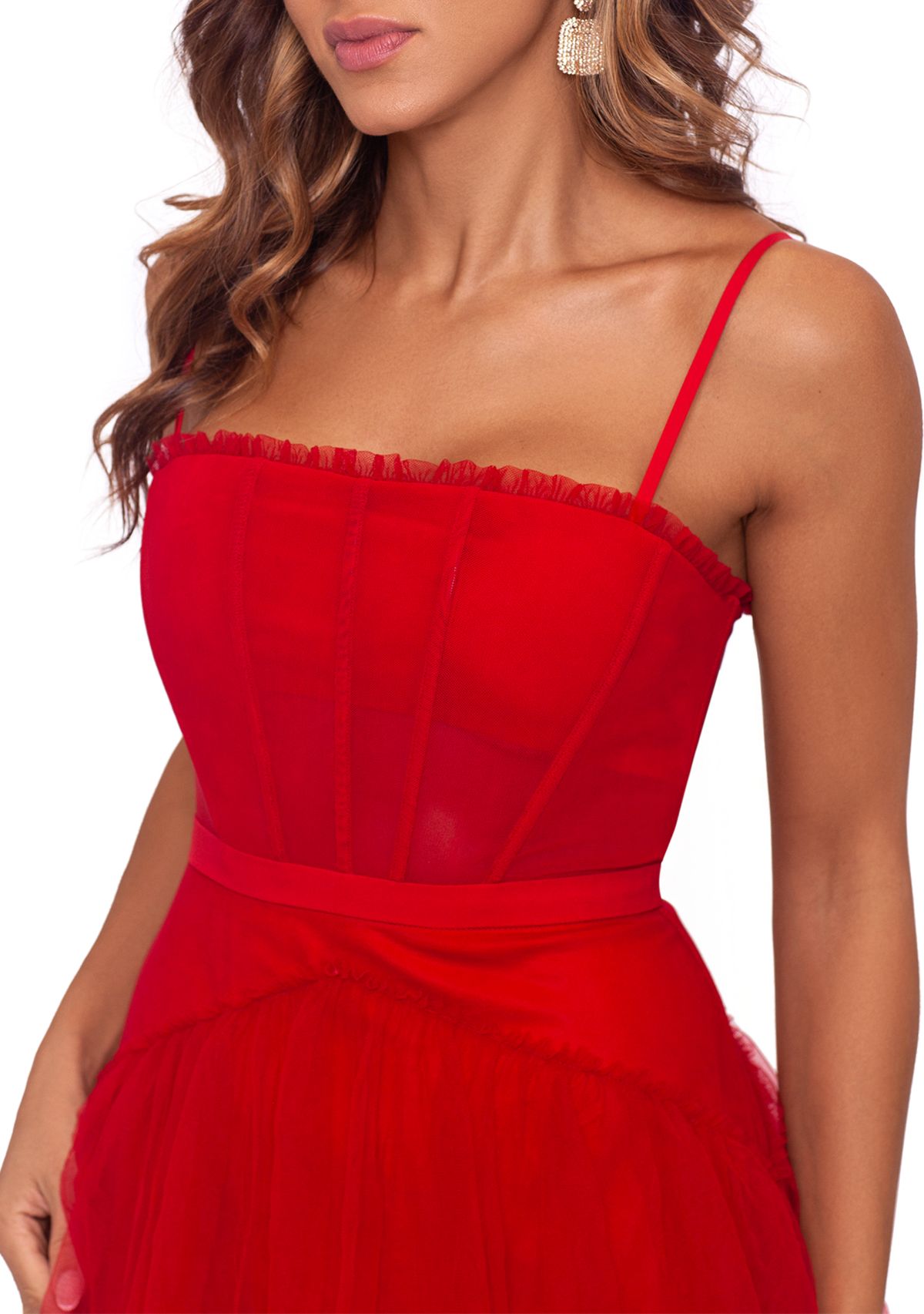 Womens Sleeveless Corset Chiffon Layer Trim Solid Gown