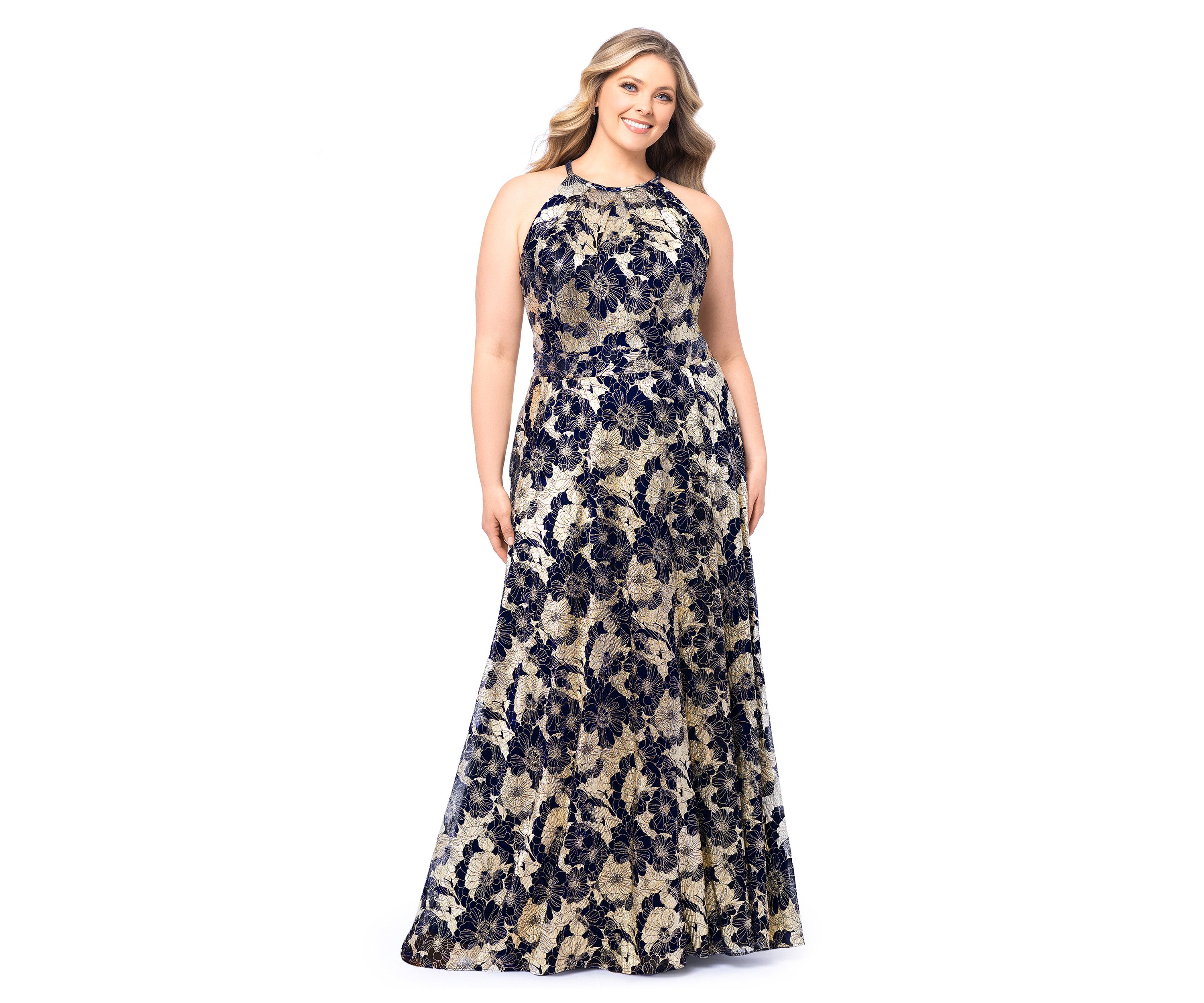 Plus Size Long Halter Wrap Foil Print Maxi Dress 