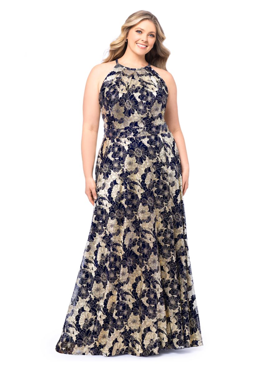 Plus Size Long Halter Wrap Foil Print Maxi Dress 