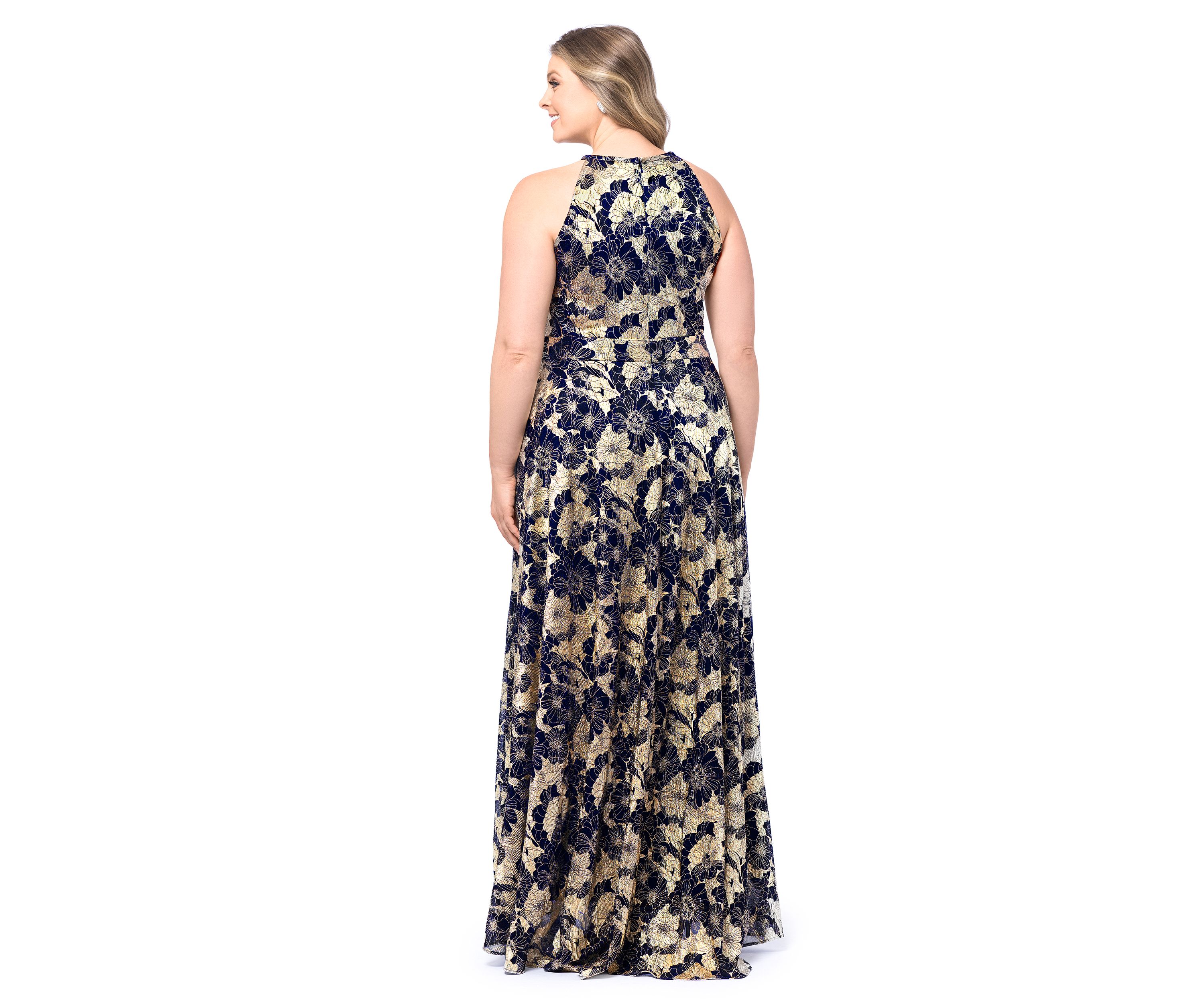Plus Size Long Halter Wrap Foil Print Maxi Dress 