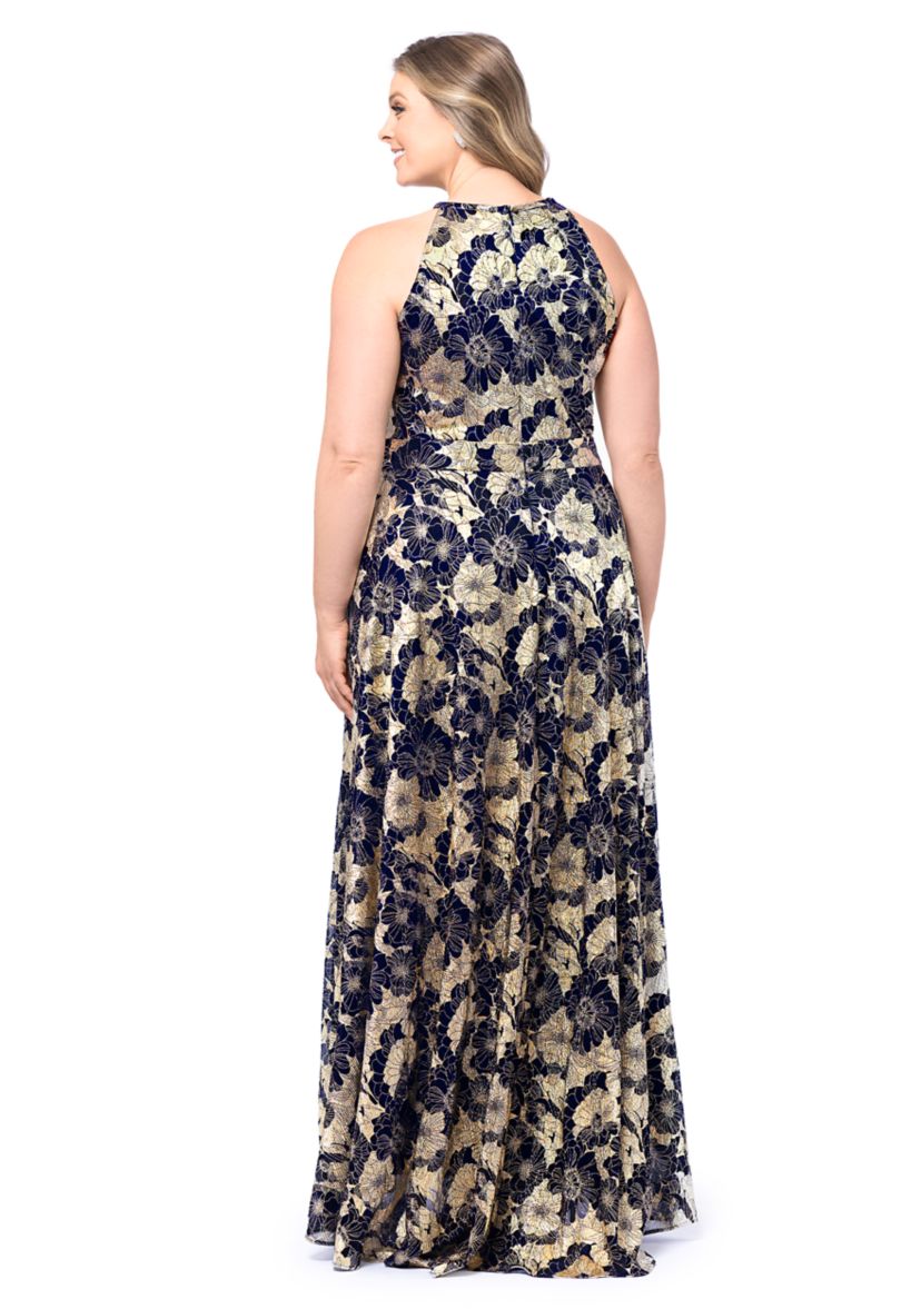 Plus Size Long Halter Wrap Foil Print Maxi Dress 