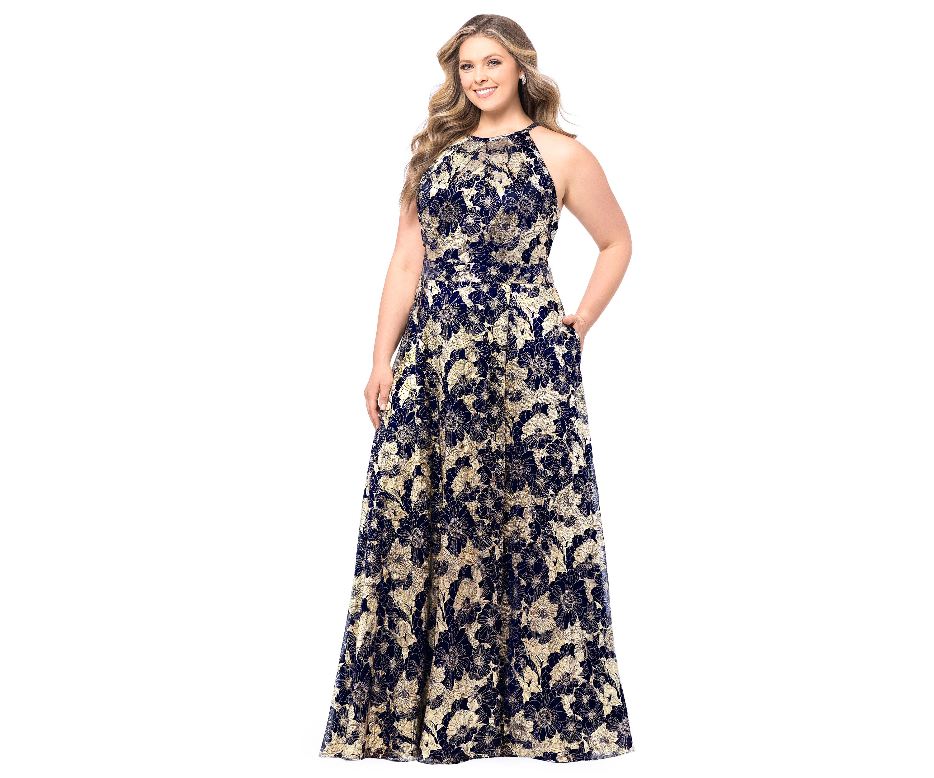 Plus Size Long Halter Wrap Foil Print Maxi Dress 