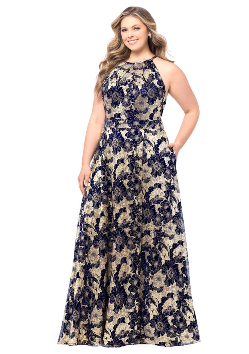 Plus Size Long Halter Wrap Foil Print Maxi Dress 