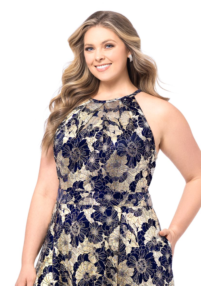 Plus Size Long Halter Wrap Foil Print Maxi Dress 
