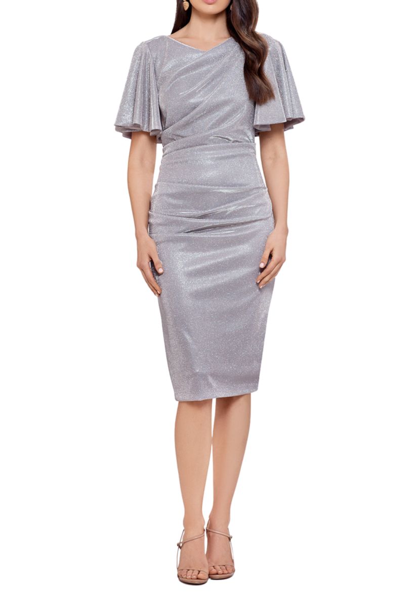 Womens Flutter Sleeve Ruched Metallic Sheath Dress
