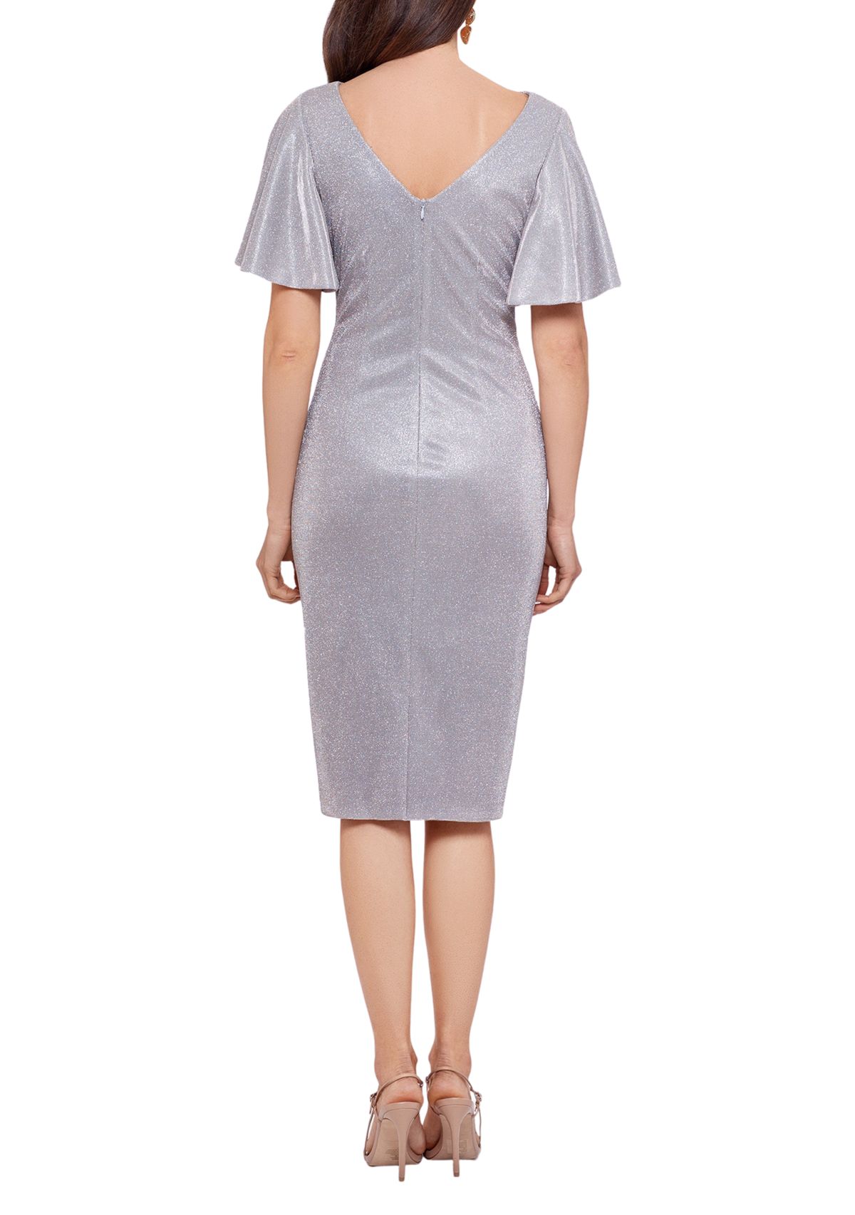 Womens Flutter Sleeve Ruched Metallic Sheath Dress