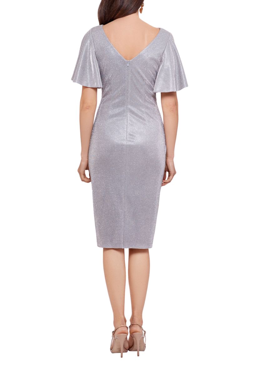 Womens Flutter Sleeve Ruched Metallic Sheath Dress