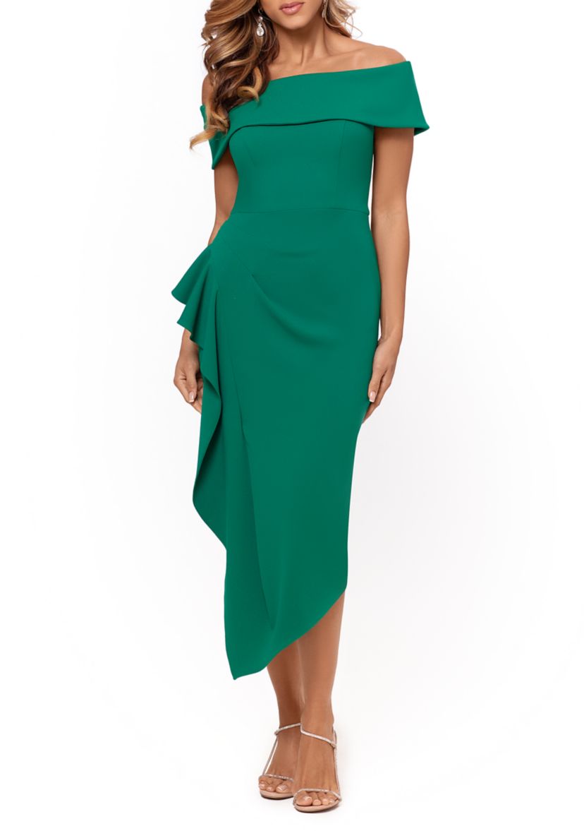 Womens Side Pleat Ruffle Sheath Dress