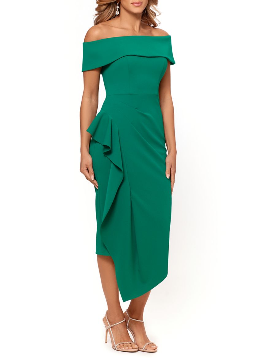 Womens Side Pleat Ruffle Sheath Dress