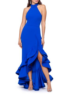 Women's Sleeveless Halter Ruffle Hem Solid Gown