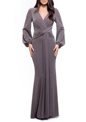 Betsy & Adam Women's Blouson Sleeve Wrap Glitter Knit Gown