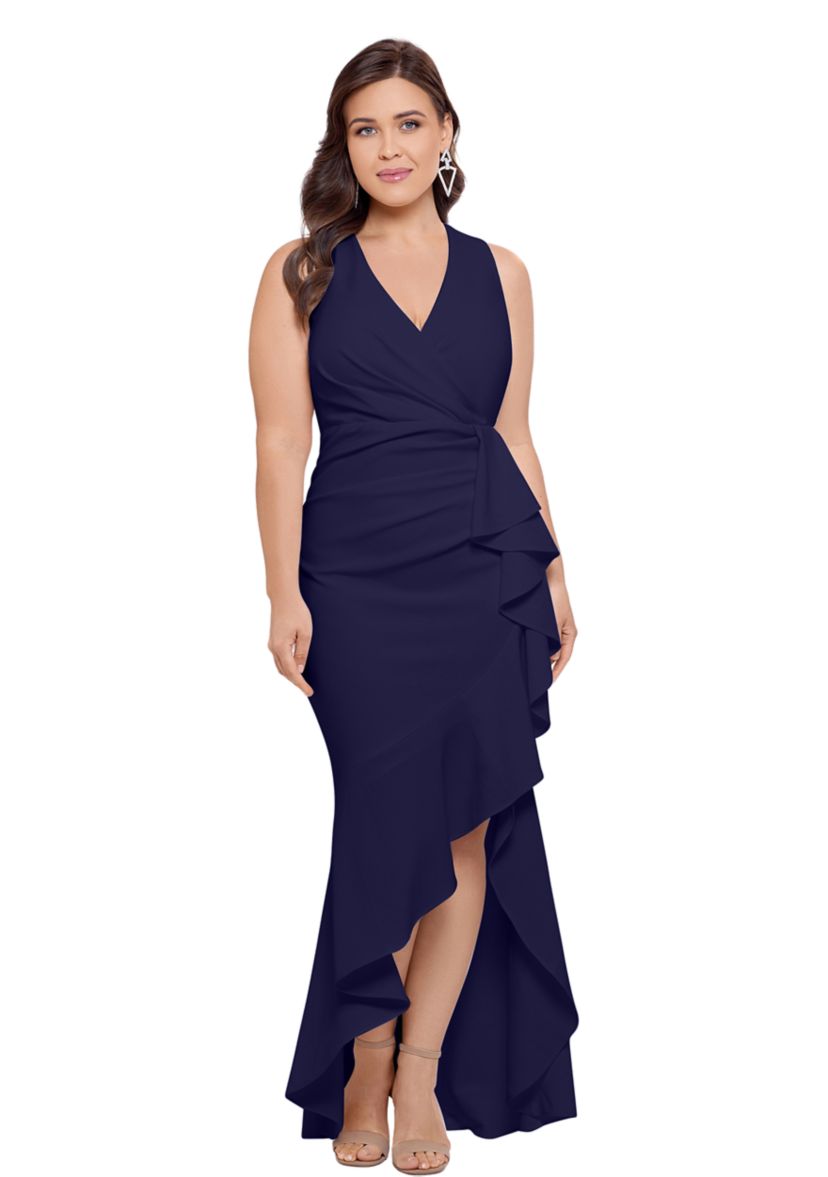 Plus Size Long V-Neck Hi Low Cascade Dress