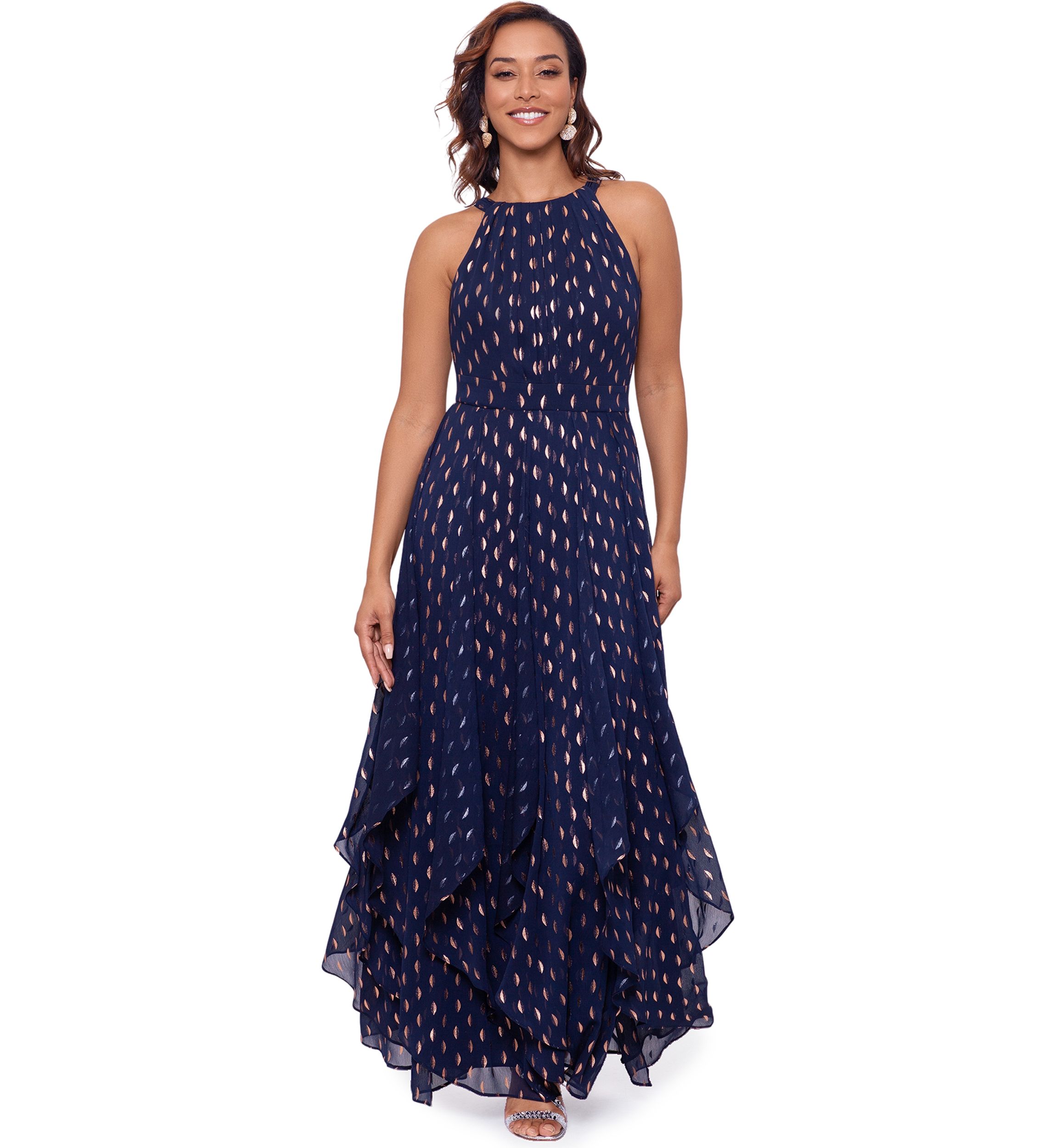 Womens Sleeveless Halter Foil Dot Gown