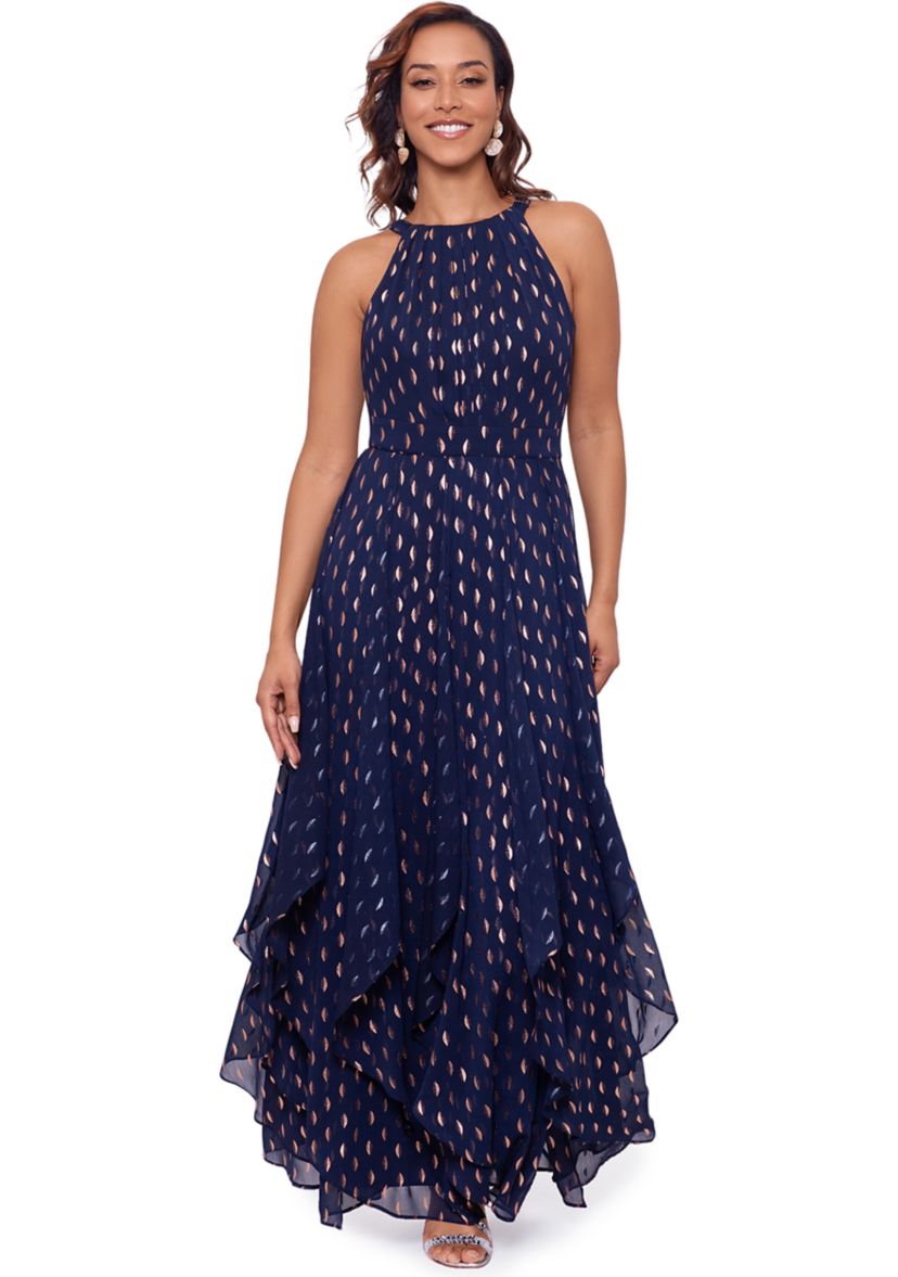 Womens Sleeveless Halter Foil Dot Gown