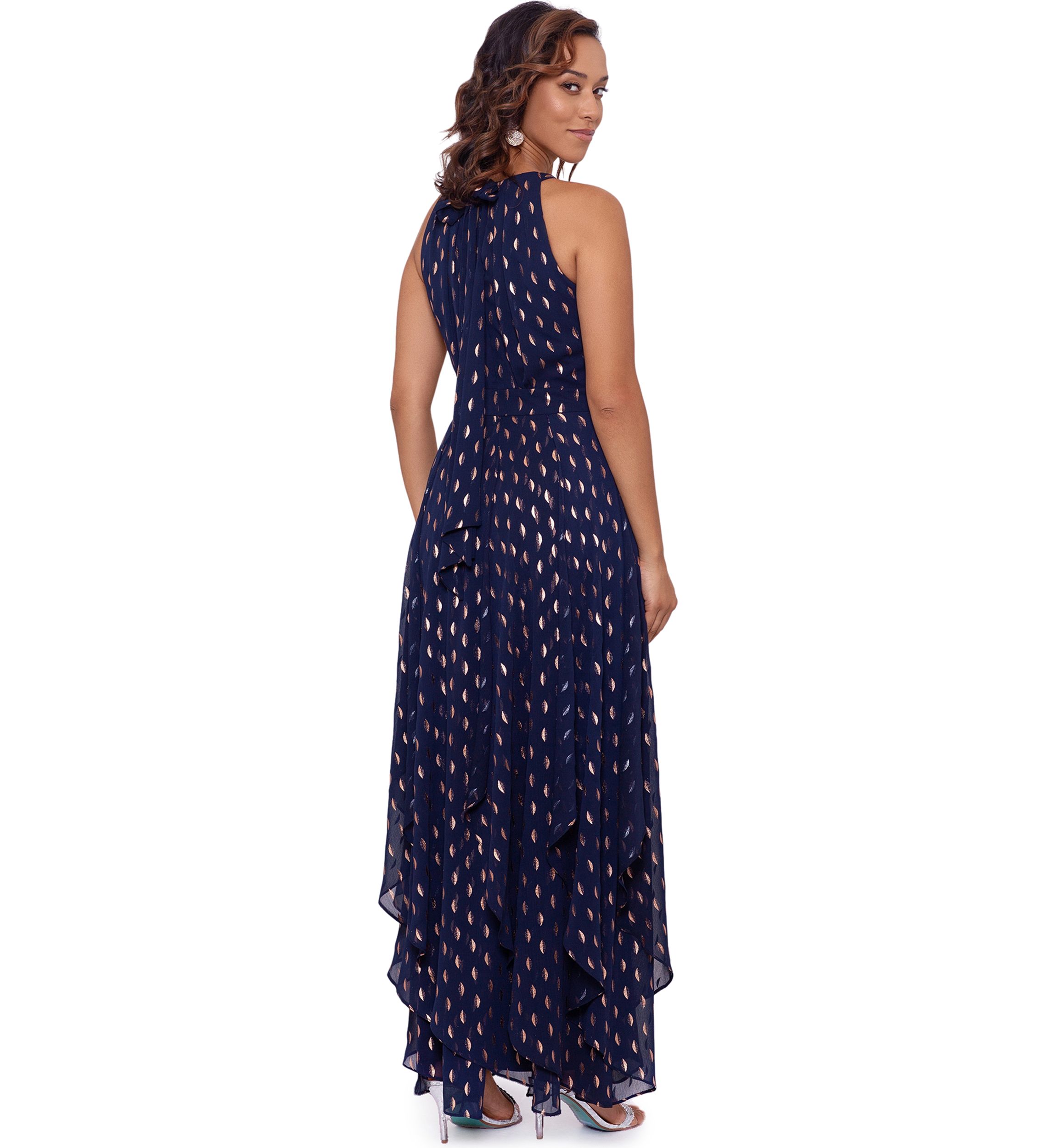 Womens Sleeveless Halter Foil Dot Gown