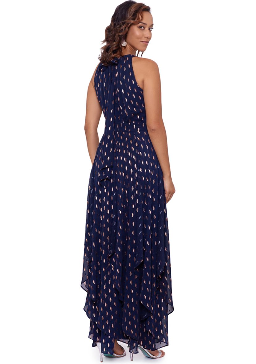 Womens Sleeveless Halter Foil Dot Gown