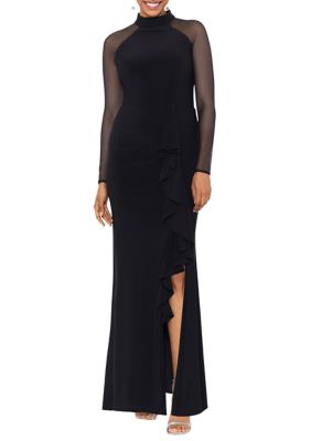 Betsy & Adam Women's Mesh Sleeve Solid Gown With Ruffle Details