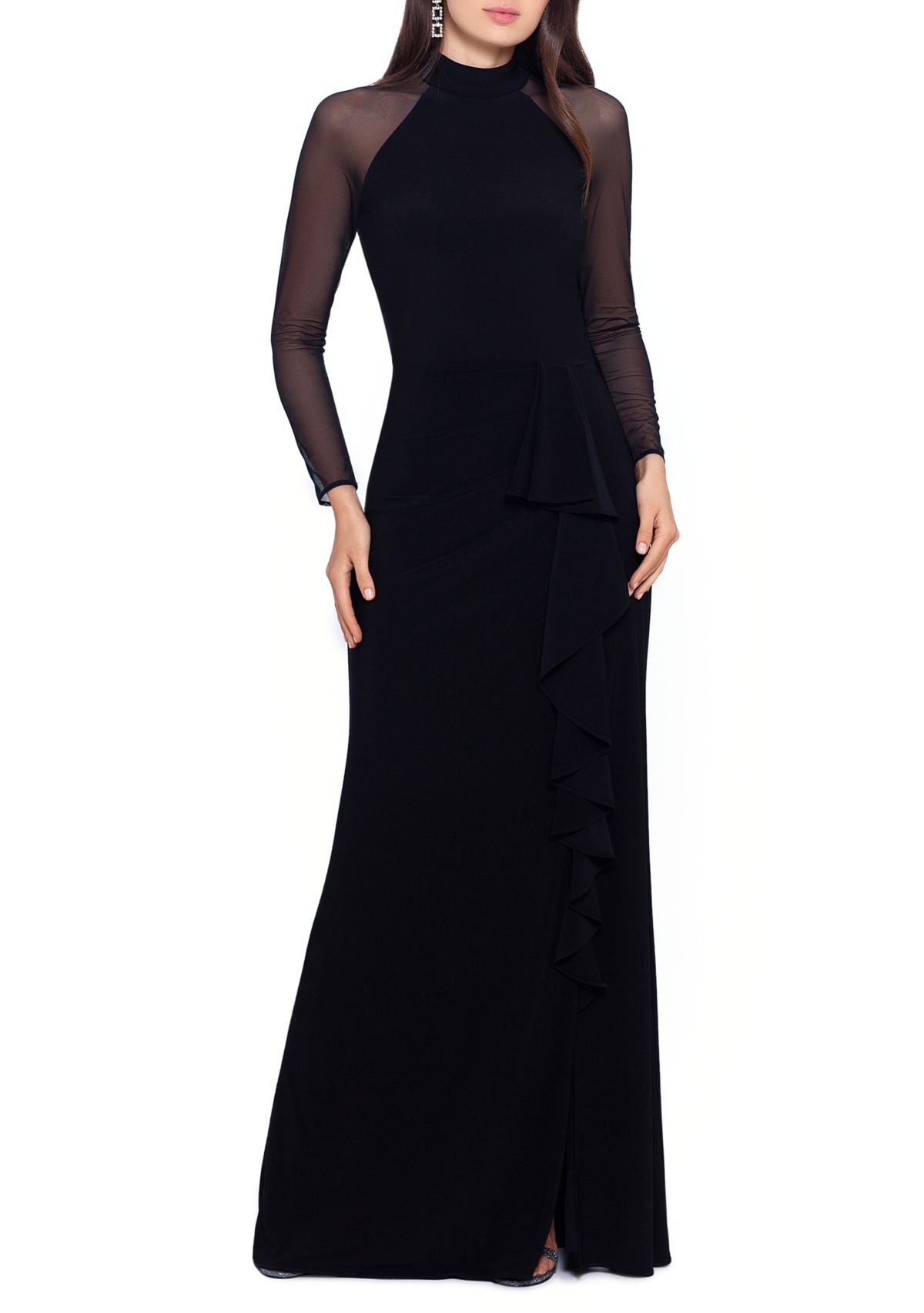 Womens Long Mesh Sleeve Halter Gown 