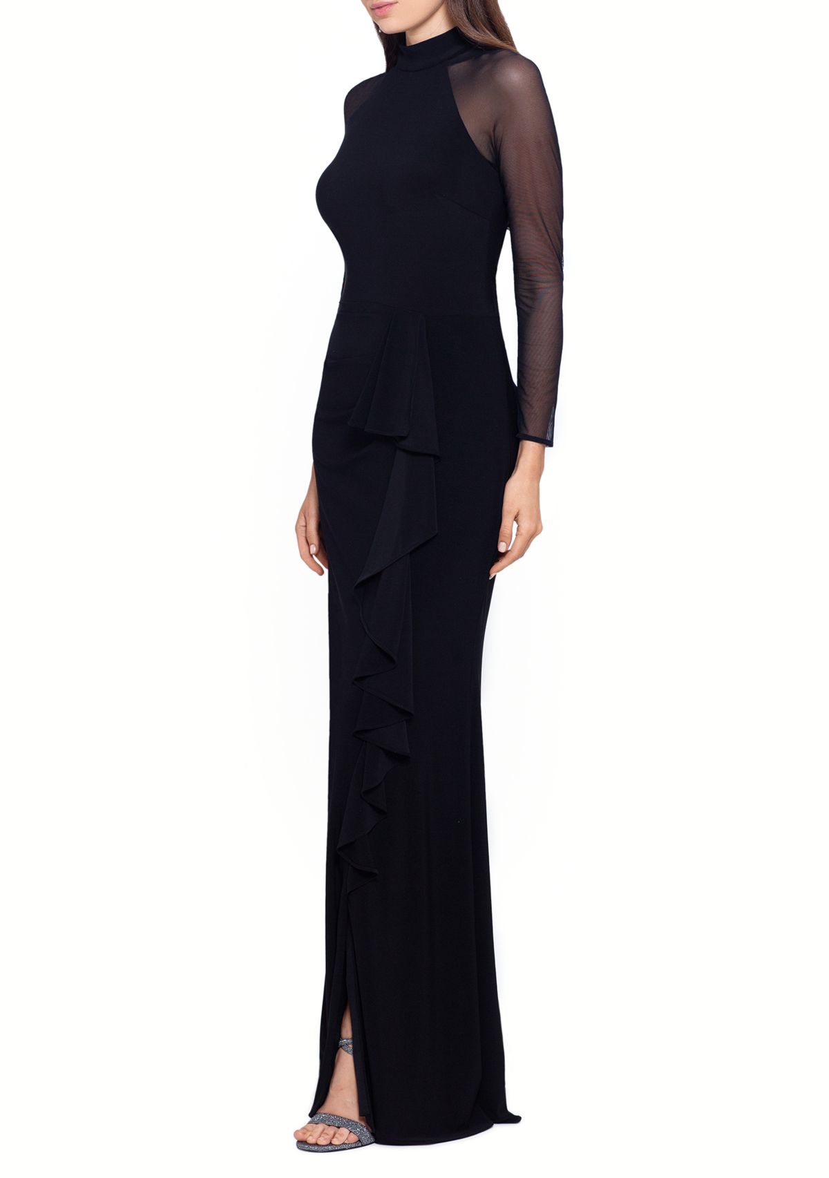 Womens Long Mesh Sleeve Halter Gown 