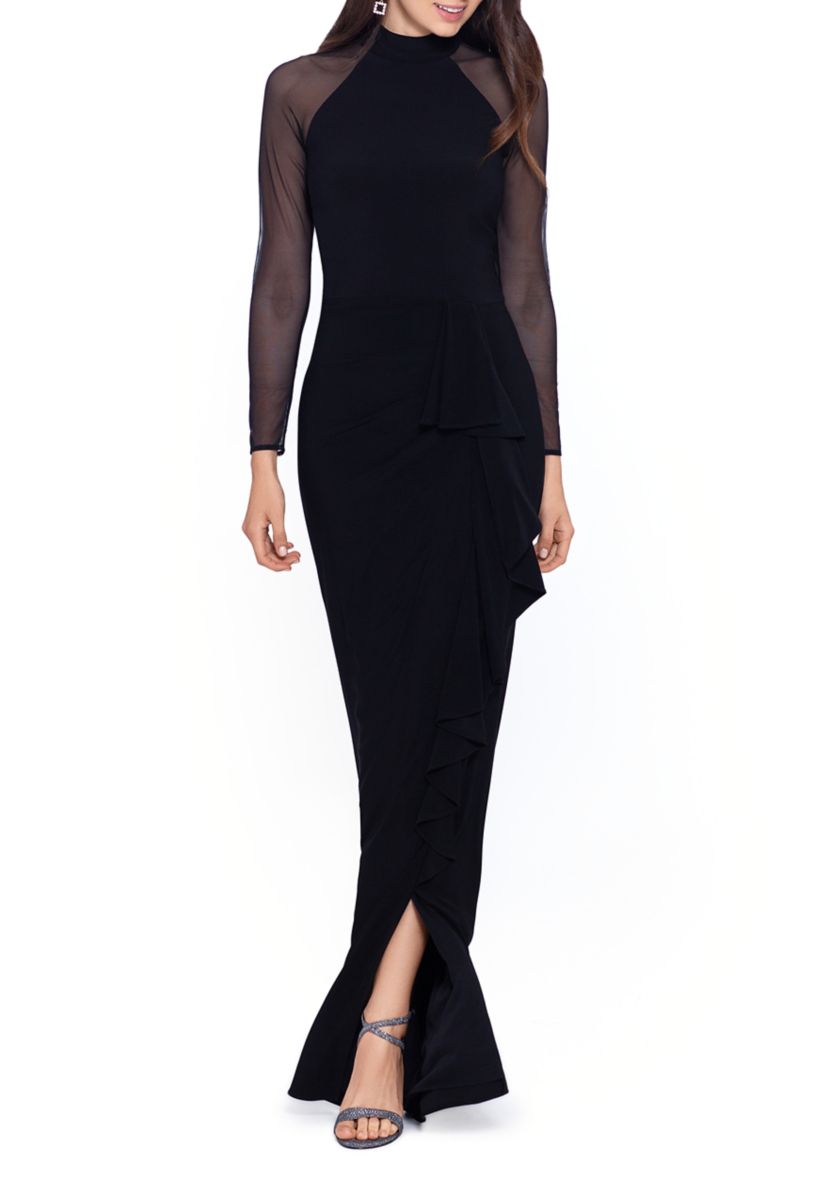Womens Long Mesh Sleeve Halter Gown 