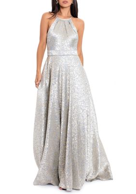 Betsy & Adam Women's Sleeveless Halter Neck Shimmer Solid Gown